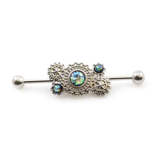 Pack of 3 Industrial Barbells- Opalite Steam Punk , Butterfly, and Three Circle CZ 14ga