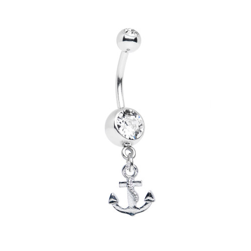 Dangling Anchor Clear CZ Belly Button Ring