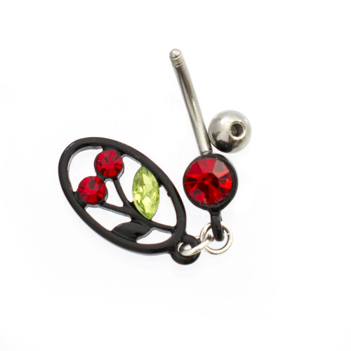 Black IP Circular Cherry Belly Button Ring with CZ Jewels 14ga Surgical Steel