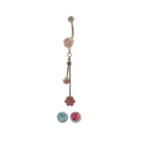 Double Chain Flower CZ Dangle Belly Button Rings Piercings