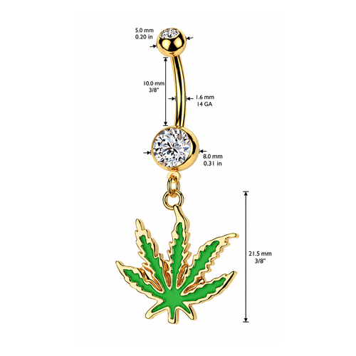 Steel Marijuana Dangling CZ Belly Ring