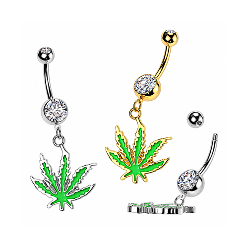 Marijuana Dangle CZ Belly Ring