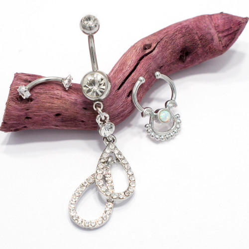 Package -Tear Design Dangle Belly Ring, Steel Septum Clip, Eyebrow Barbell Package -Tear Design Dangle Belly Ring, Steel Septum Clip, Eyebrow Barbell