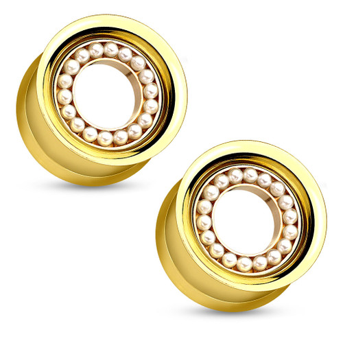 Pair of Ear Plugs | Tunnels Screw Fit Hollow Design With Multiple Small Ivory Pearls Gold IP