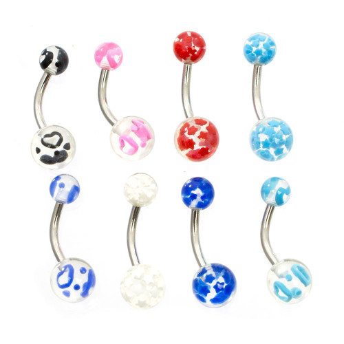 Pack of 8 Stars and Heart Design Acrylic Belly Button Rings 14ga 