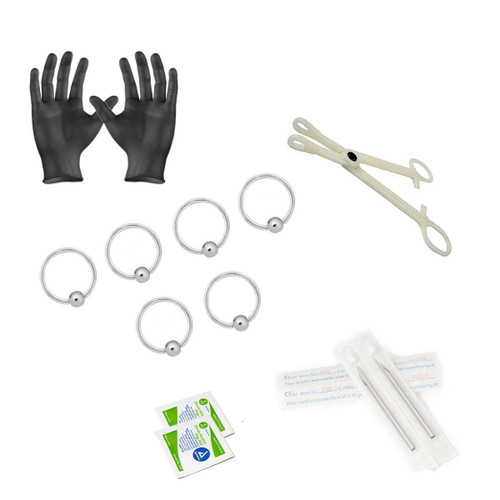 12-Piece Captive bead Piercing Kit - Includes 6 14g Captive bead rings, 2 Needles, 1 Forceps, 2 Alcohol Wipes and a Pair of Gloves
