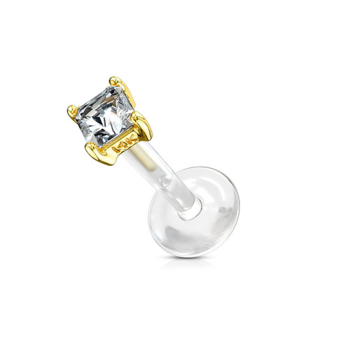 14 Kt Solid Gold Labret Monroe with Square Princess Cut CZ Set Design on Flex Shaft 16ga
