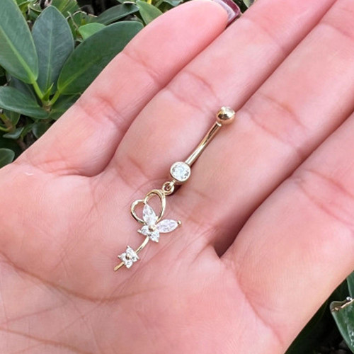 Dangle Flower Crystal CZ Butterfly Belly Ring