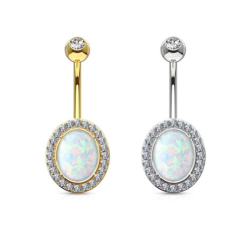 Oval Opal Center with Clear CZ Frame Solid 14KT Gold Non Dangle Belly Button Ring 14ga 