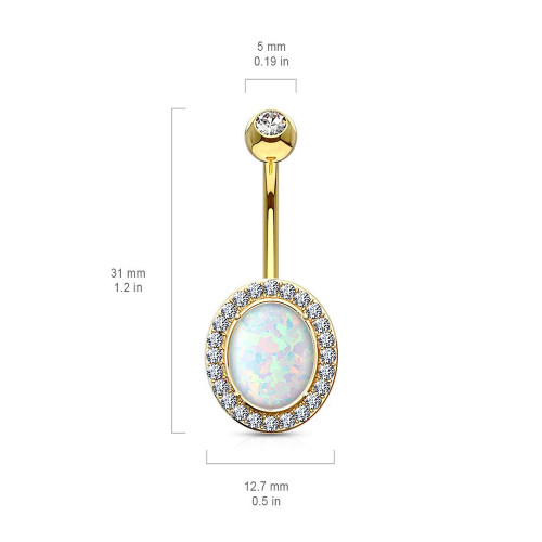 Oval Opal Center with Clear CZ Frame Solid 14KT Gold Non Dangle Belly Button Ring 14ga