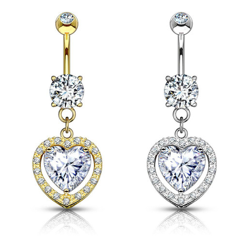 14kt Solid Gold Heart Dangle with Heart Shaped Solitaire CZ Belly Button Ring 14ga - Sold Individually