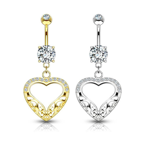 Filigree Heart Dangle with CZ 14KT Gold Dangle Belly Button Ring 14ga 