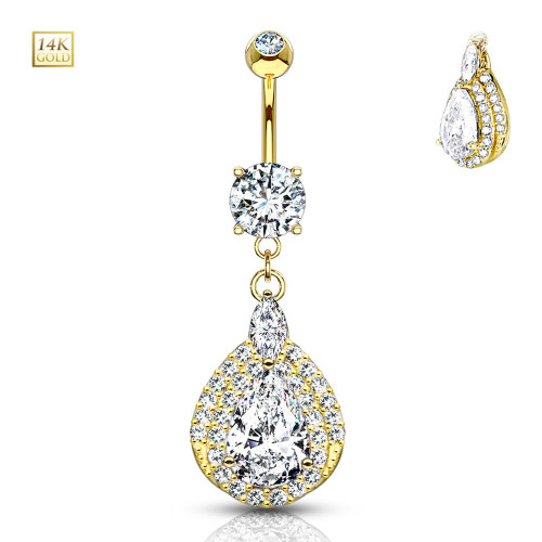 14K Solid Gold Dangle Teardrop CZ Belly Ring