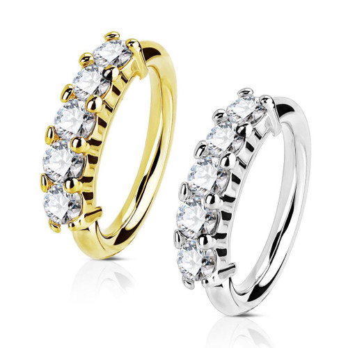 14Kt. Gold Five CZ Set Open Hoop Rings for Nose, Ear Cartilage and Lip Piercings