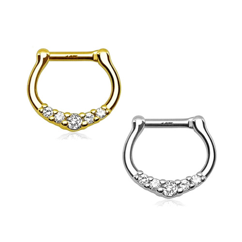 14K Gold Five Paved CZ Septum Clicker Hoop