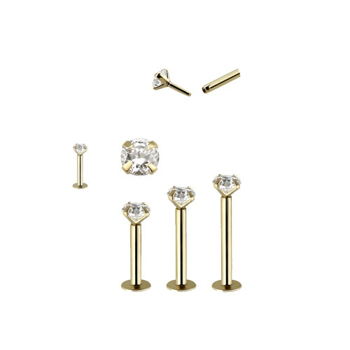Push in Monroe Labret 14kt Solid Yellow Gold with Prong CZ 18 Gauge and 16 Gauge - Sold Each