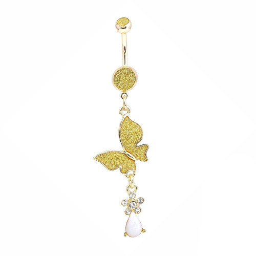 Gold Ion-Plated Butterfly Belly Button Ring with White Rock