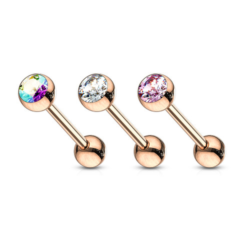 Rose Gold IP Over Surgical Steel Tongue Barbell with Crystal Set Ball 14ga Sold Each
