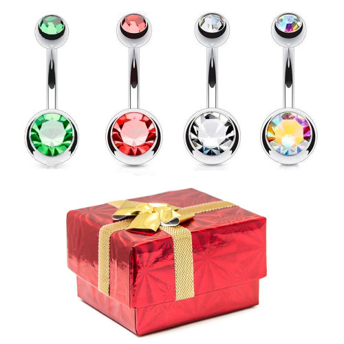 Holiday Gift Set - 14ga High-Polish Assorted CZ Gem Belly Rings - 316L Surgical Steel + Gift Box