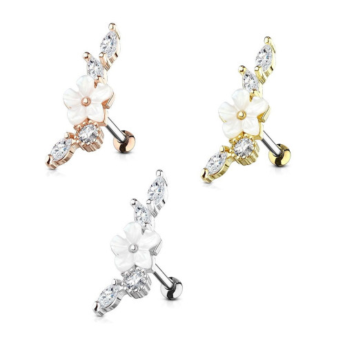 Pearl Flower CZ Tragus Barbell