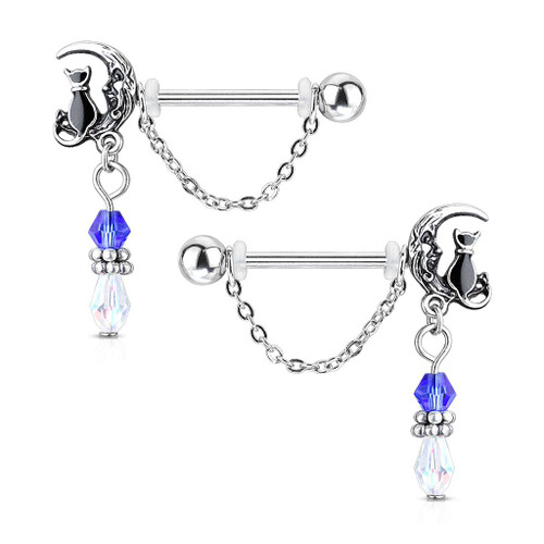 Pair of Cat Sitting on Moon with Beads and Chain Dangle Design Nipple Barbells Surgical Steel 14ga