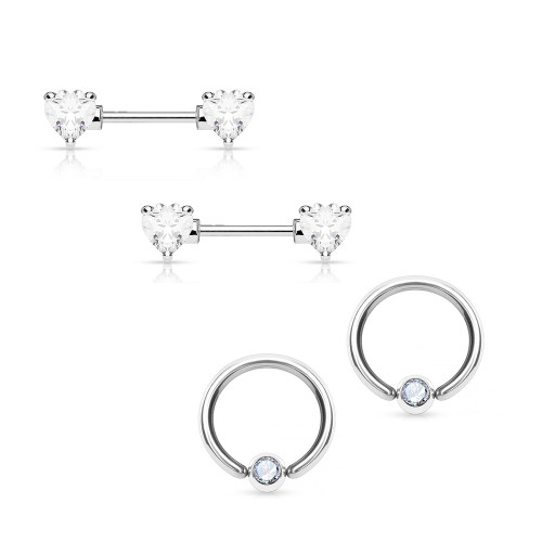 Nipple Ring 14G Barbell/Captive Combo Surgical Steel with Heart CZ Gems