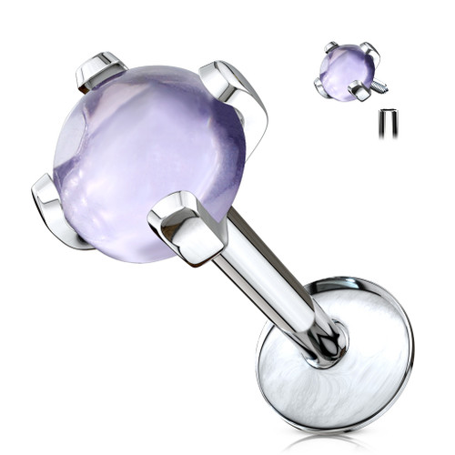 Semi Precious Stone Prong Set Internally Threaded Labret, Monroe, Cartilage Stud Ring 16ga