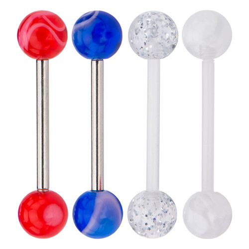 4pcs Barbell 2 Surgical Steel 2 Bioflex shaft Marbell/Glitter Tongue Rings 14G