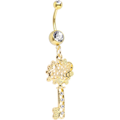 14ga Steampunk Gears Key Dangle Belly Ring in Gold I.P. Finish