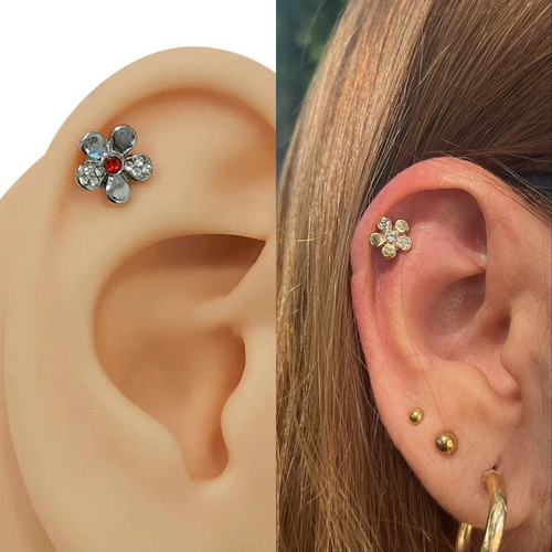 Flower CZ Tragus Barbell Piercing