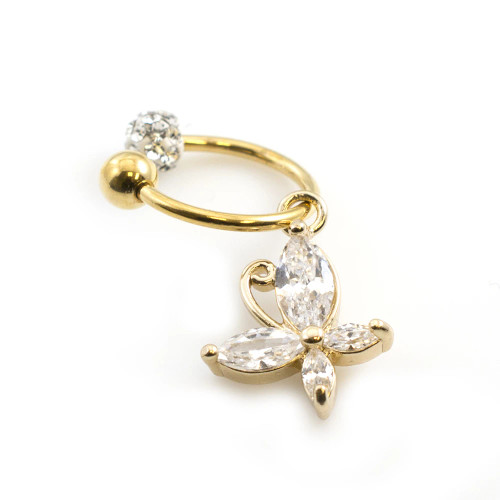 PVD Gold Dangling Butterfly CZ Horseshoe Circular Barbells