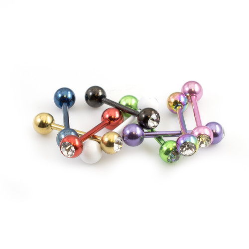 Pack of 10 Tongue Barbells Anodized Barbells and Clear CZ Assorted 14ga 5/8in 