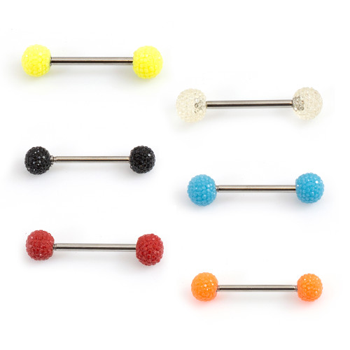 Tongue Barbell with Acrylic Textured Designed Balls 14ga 5/8 inches -15mm