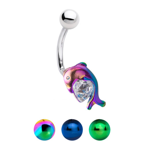 Anodized Titanium 14ga Dolphin Belly Ring with Clear Heart CZ Gem Anodized Titanium 14ga Dolphin Belly Ring with Clear Heart CZ Gem