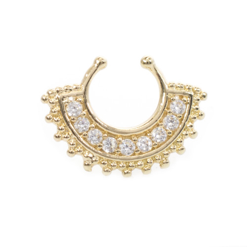 Septum Hanger Non-Piercing Fan Design with Multiple Cubic Zirconia Stones Gold IP Septum Hanger Non-Piercing Fan Design with Multiple Cubic Zirconia Stones Gold IP