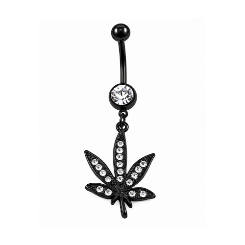 PVD Black CZ Marijuana Dangle Belly Ring