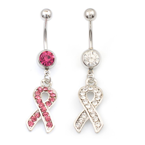 Pair of Cancer Awareness Dangle Pink and Clear CZ Belly Button Rings 14ga