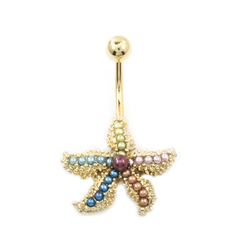 Fancy Star Fish Belly with Multicolored Faux Pearls Belly Button Ring 14G