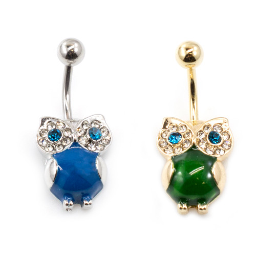 Owl Design Belly Button Ring with Large Semi-Precious Stone and CZ Gems 14ga