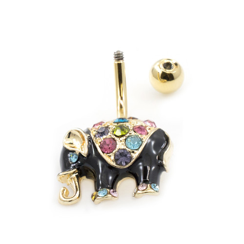 Black Enamel Elephant Design Belly Button Ring Multiple CZ Gems 14g