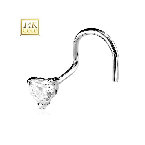14K White Gold Prong Heart CZ Corkscrew Nose Ring