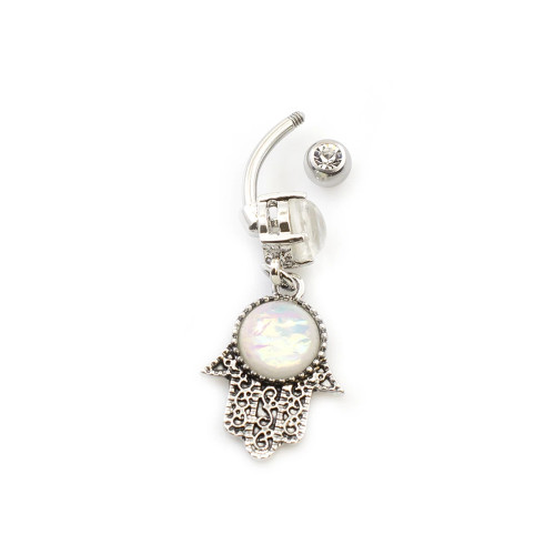 Externally Threaded Prong Set Glitter Opal Hamsa Belly Ring