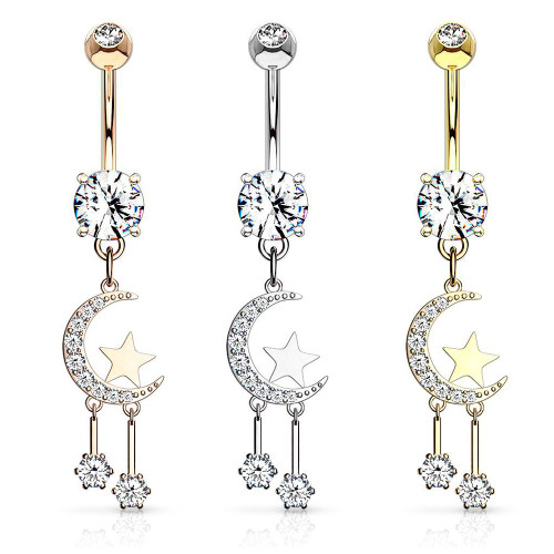 CZ Paved Crescent Moon and Star with Round CZ Dangle Surgical Steel Belly Button Ring