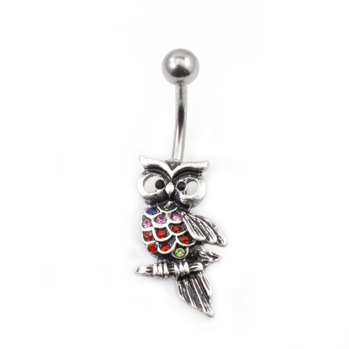 Belly Button Ring with Owl Design and multiple Cubic Zirconia Gems 14g