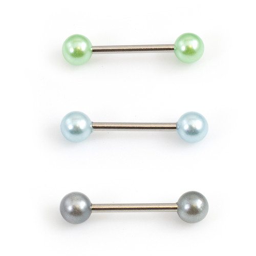 Tongue Barbell with Faux Synthetic Pearl Acrylic Designed Balls 14ga 5/8 inches- 15mm