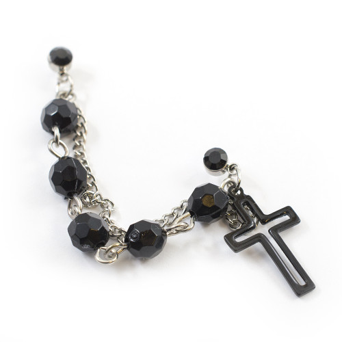 Double Black Stud Earring with Rosary Chain Like Black Beads and Dangling Black Cross Charm 22ga
