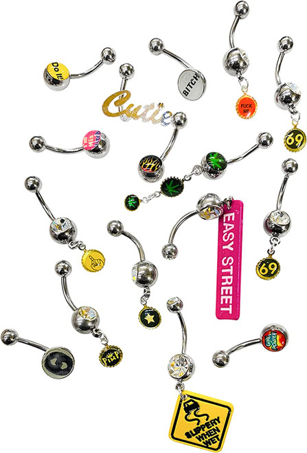 Naughty Belly Ring Mix Package - Mixed Naughty Logos 14ga 316L Surgical Steel - 10pc