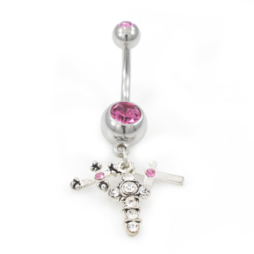 Multiple Cross Design Belly Button Ring with Pink CZ Gems 14ga