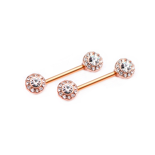Pair of Nipple Barbells with Forward Facing Outrim Clear CZ. Nipple Shield 14g 9/16'