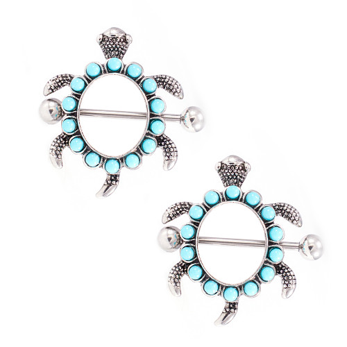 Pair of Nipple Shields Turtle Design with Aqua Stones 14G Pair of Nipple Shields Turtle Design with Aqua Stones 14G